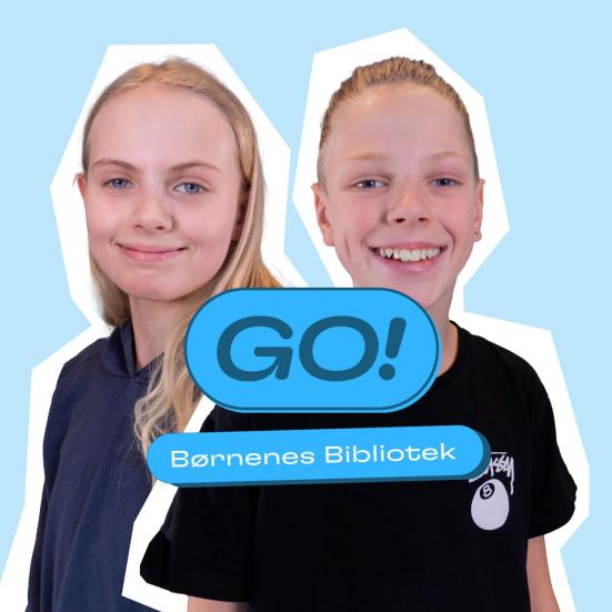To børn og GO's logo samt en tekst: Børnenes Bibliotek