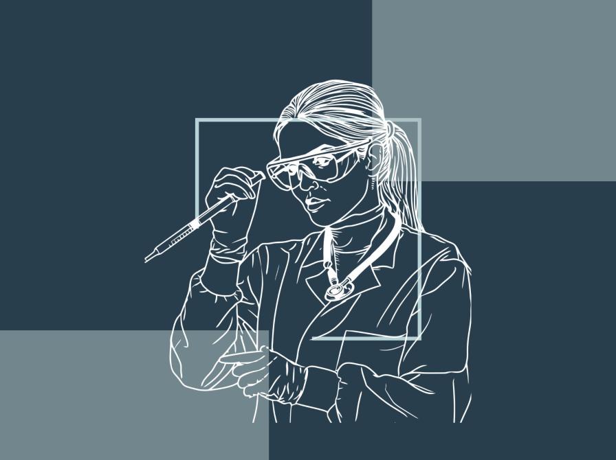 Grafik af kvindelig forsker med sprøjte og beskyttelsesbriller